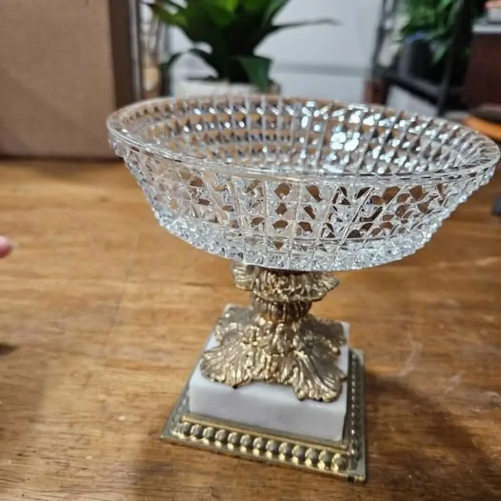 Vintage Crystal Compote Bowl with Marble and Brass Pedestal Base